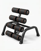 Black steel back stretch and core training bench with padded rollers, studio shot on white