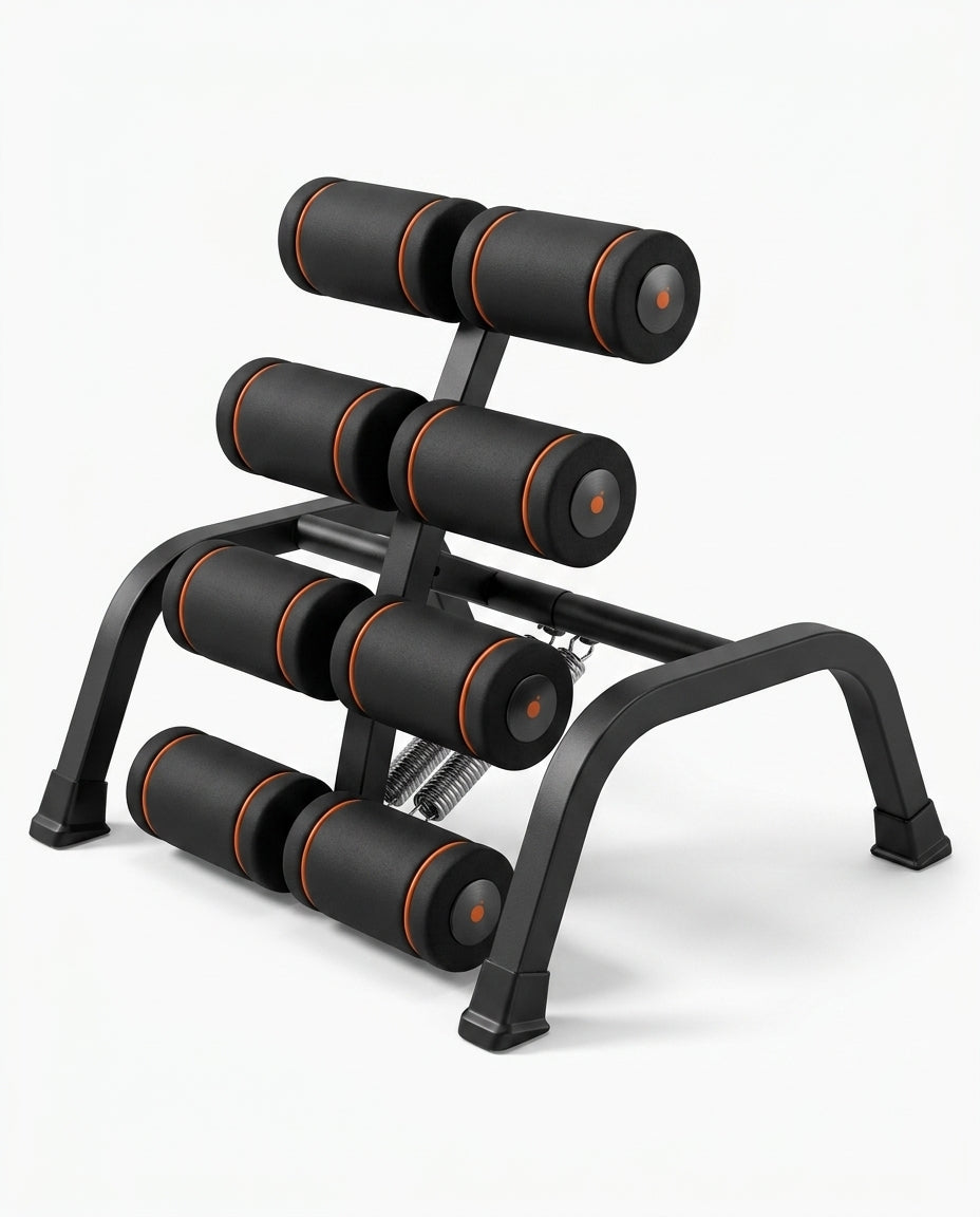 Black steel back stretch and core training bench with padded rollers, studio shot on white