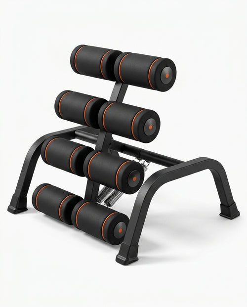 Black steel back stretch and core training bench with padded rollers, studio shot on white