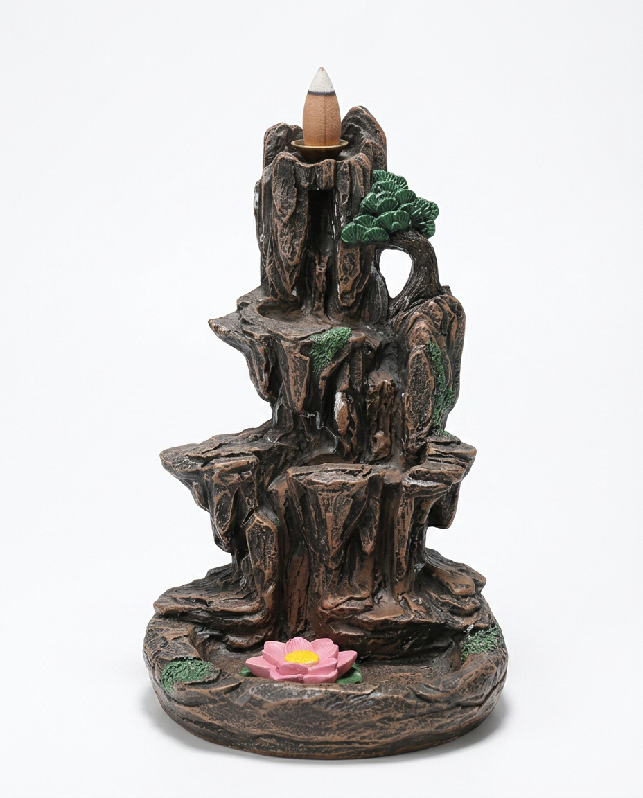 Mountain-shaped backflow incense holder with lotus, studio shot on white