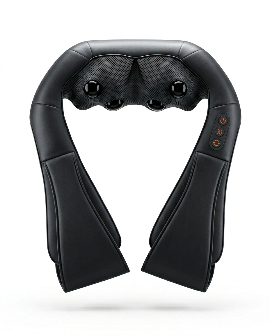 Black U-shaped heated neck and back massager with shiatsu nodes, studio shot