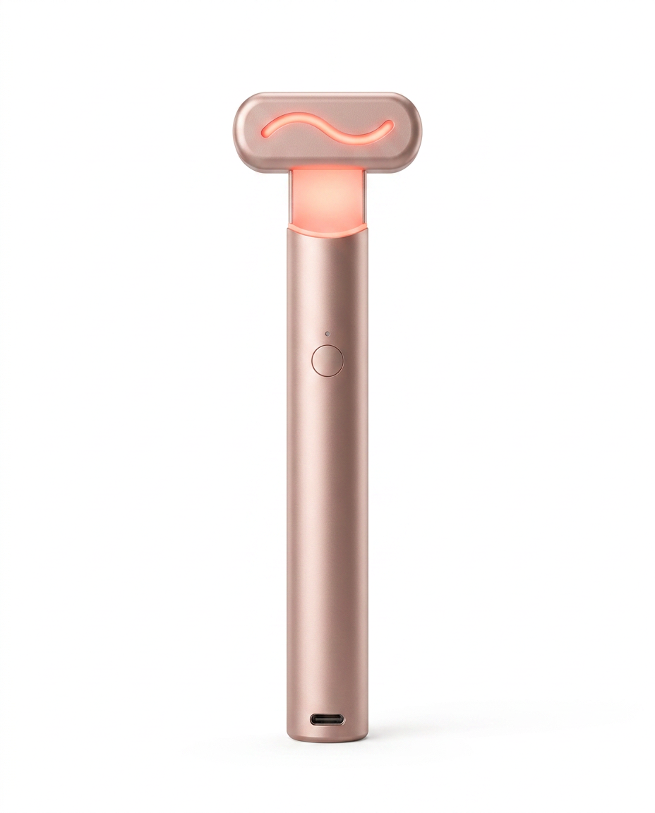Rose gold red light wand with glowing LED head, studio shot on white