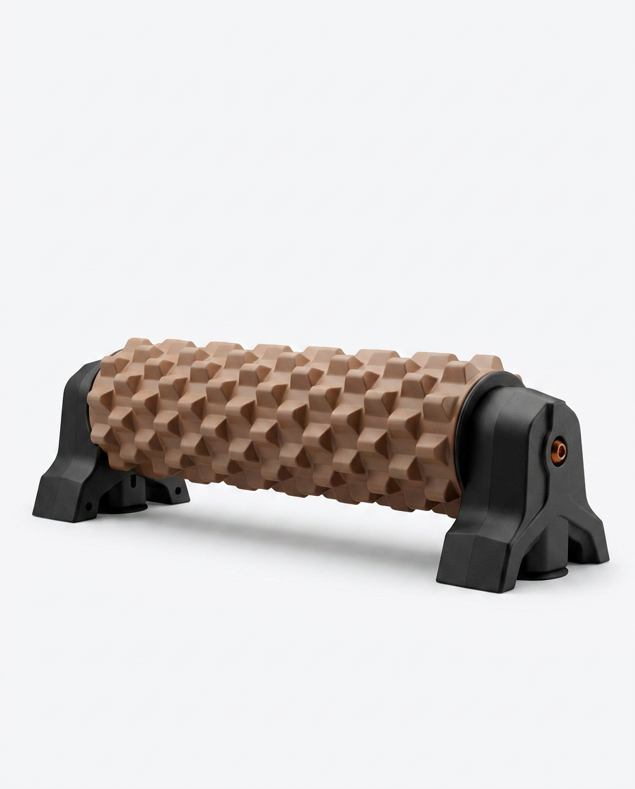 Wood-tone textured deep tissue foam roller on a black wall-mount stand, studio shot