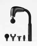 Black smart fascia massage gun with curved arm and four attachment heads