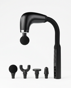Black smart fascia massage gun with curved arm and four attachment heads