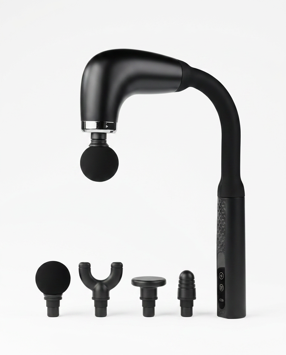 Black smart fascia massage gun with curved arm and four attachment heads