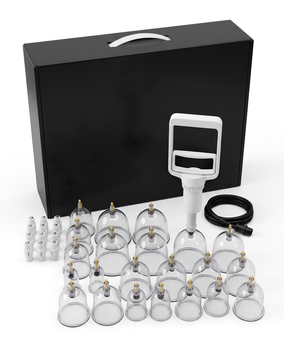 Clear cupping massage set with hand pump and case, studio shot on white