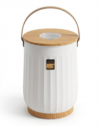 White ribbed towel warmer bucket with bamboo lid and LED display, on white
