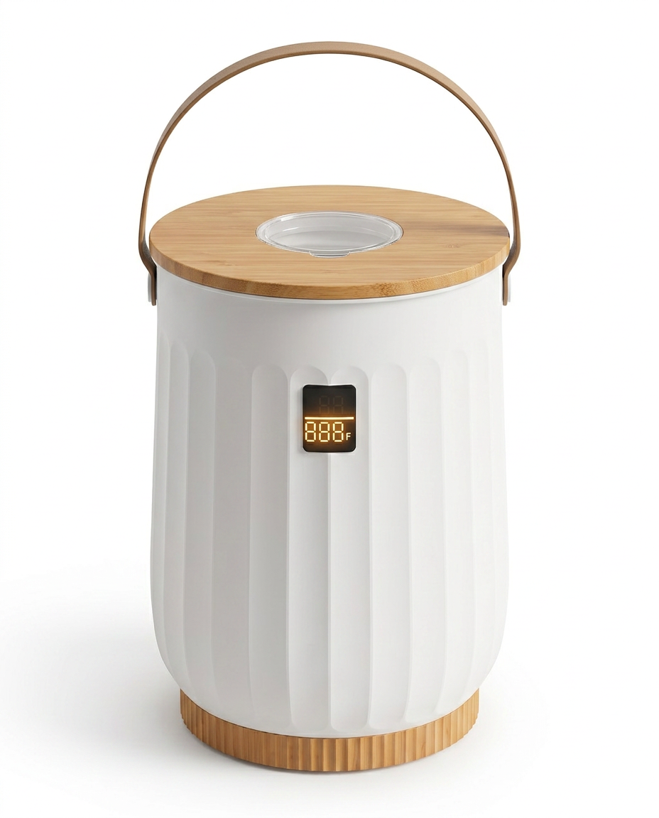 White ribbed towel warmer bucket with bamboo lid and LED display, on white