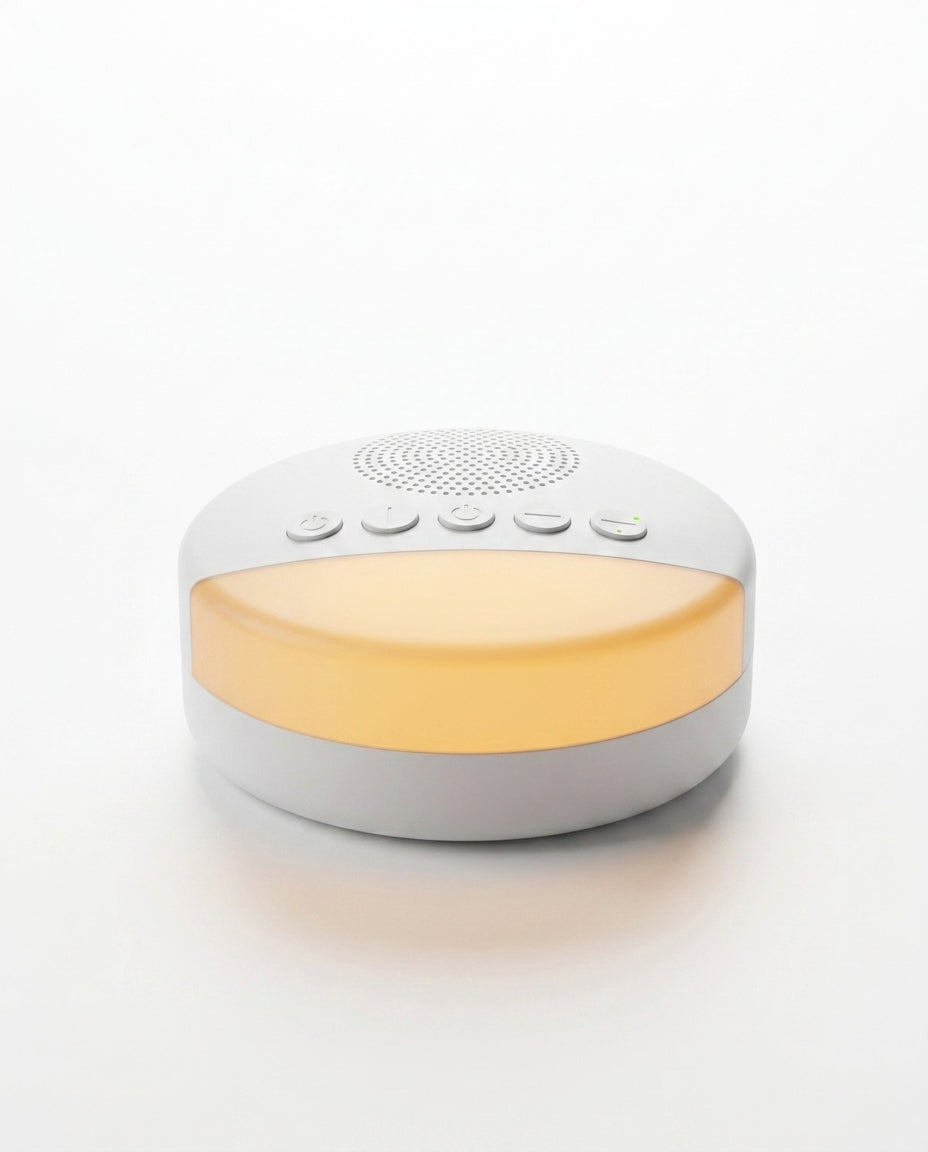 White white-noise sleep machine with warm amber nightlight, on white