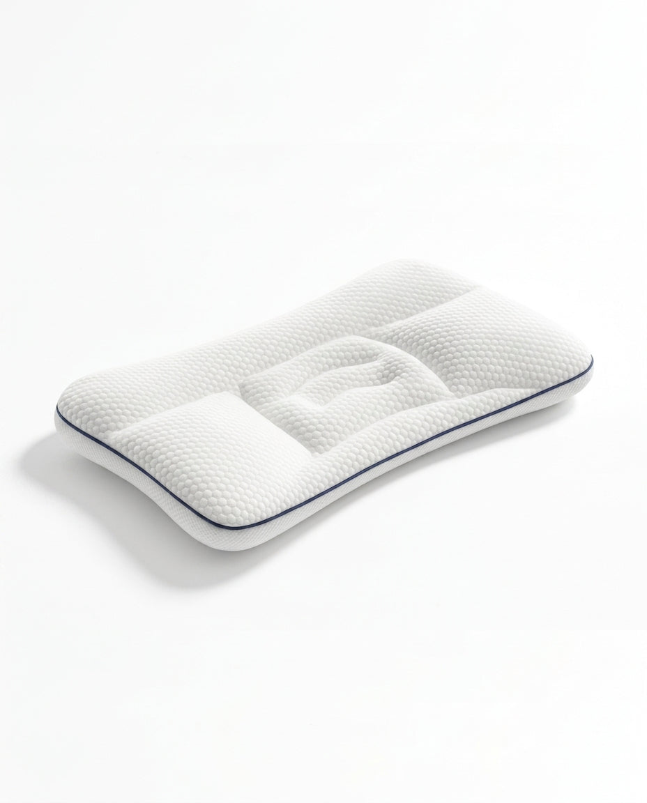 White baby head support pillow with concave cradle and navy piping, studio shot