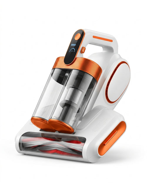 White and orange handheld fabric vacuum with twin dust canisters, studio shot
