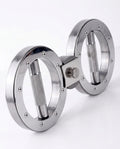 Chrome steel dual-ring grip trainer with knurled handles on white