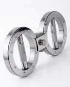 Chrome steel dual-ring grip trainer with knurled handles on white