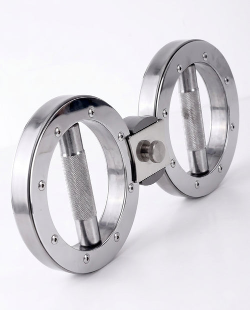 Chrome steel dual-ring grip trainer with knurled handles on white