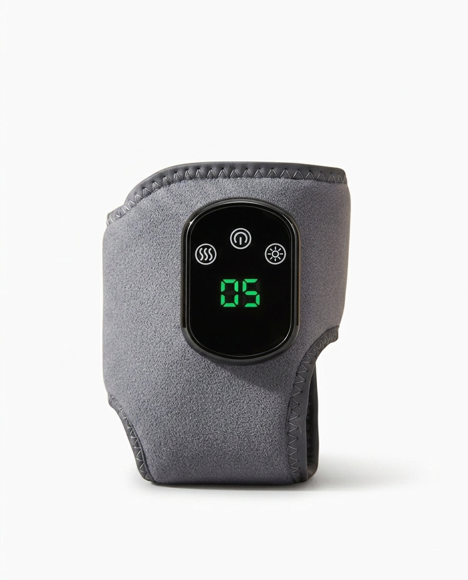 Grey heated massager wrap with green digital display and touch controls, on white