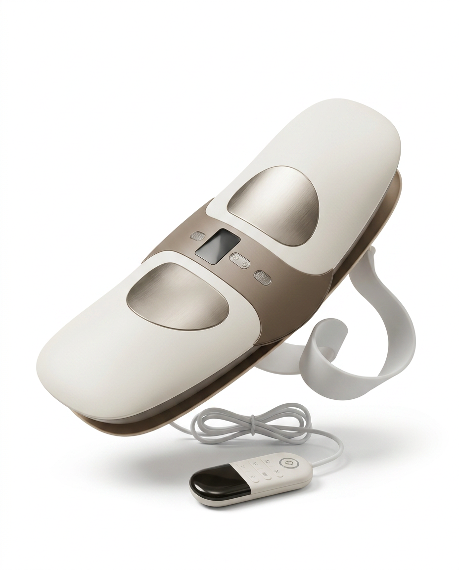 Cream waist massager belt with digital display, remote and strap, studio shot
