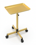 Gold adjustable rolling salon tray cart on casters, studio shot on white