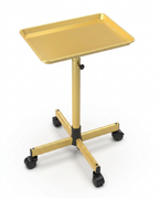 Gold adjustable rolling salon tray cart on casters, studio shot on white