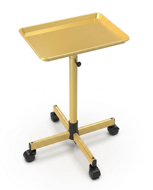 Gold adjustable rolling salon tray cart on casters, studio shot on white