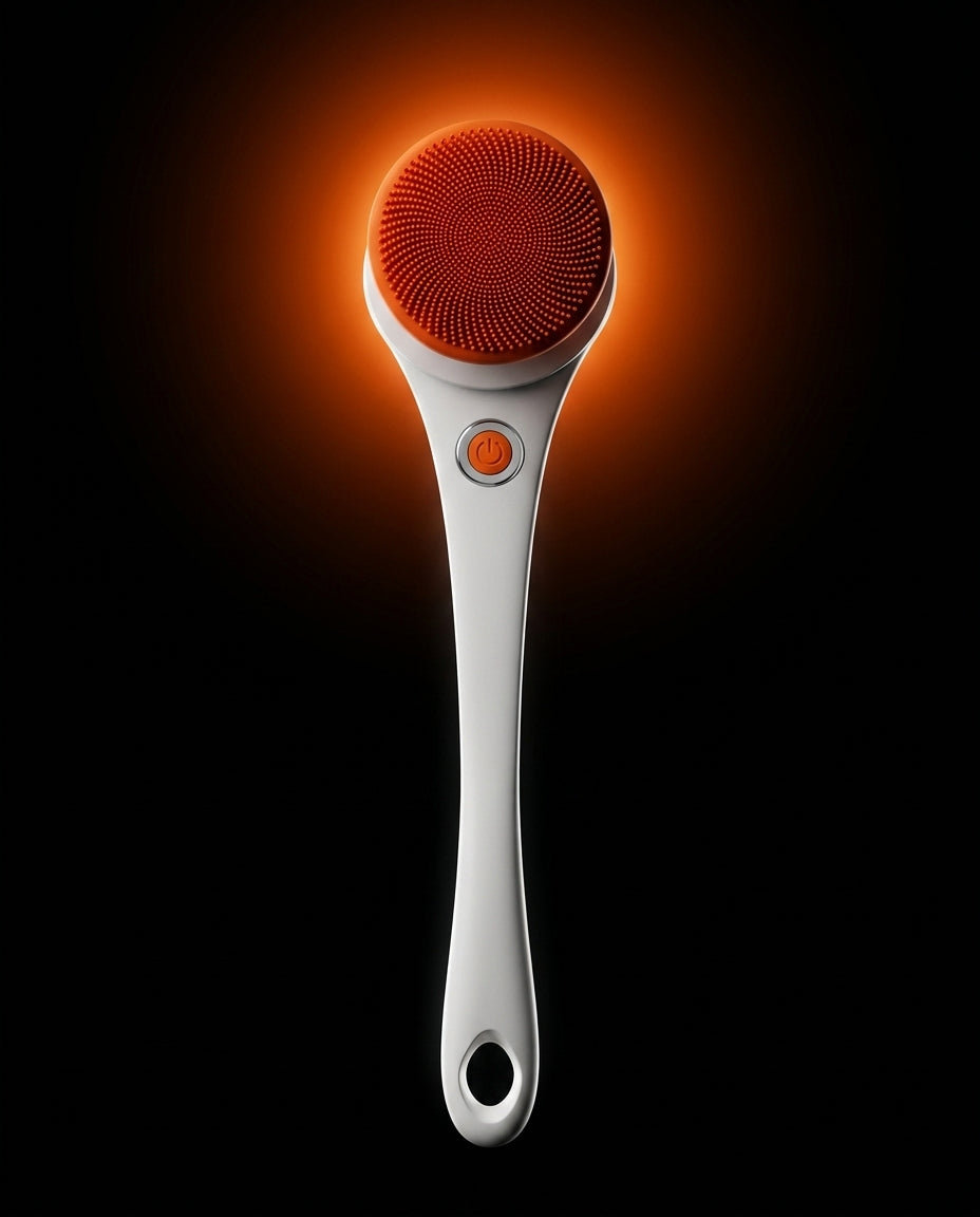 Long-handle body cleansing brush with glowing orange silicone bristle head on black
