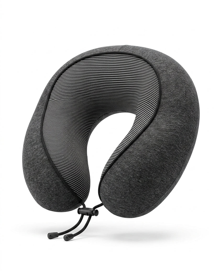 Dark grey U-shaped memory foam travel neck pillow with toggle strap, on white