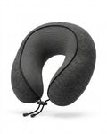 Dark grey U-shaped memory foam travel neck pillow with toggle strap, on white