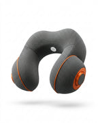 Grey U-shaped neck massage pillow with orange accents, studio shot on white