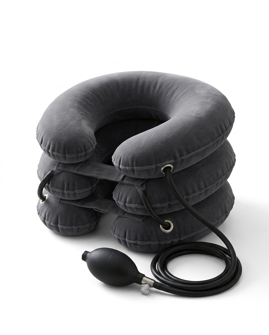 Grey inflatable neck traction pillow with hand air pump on white