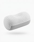 White cylindrical neck traction roll pillow in breathable mesh, studio shot