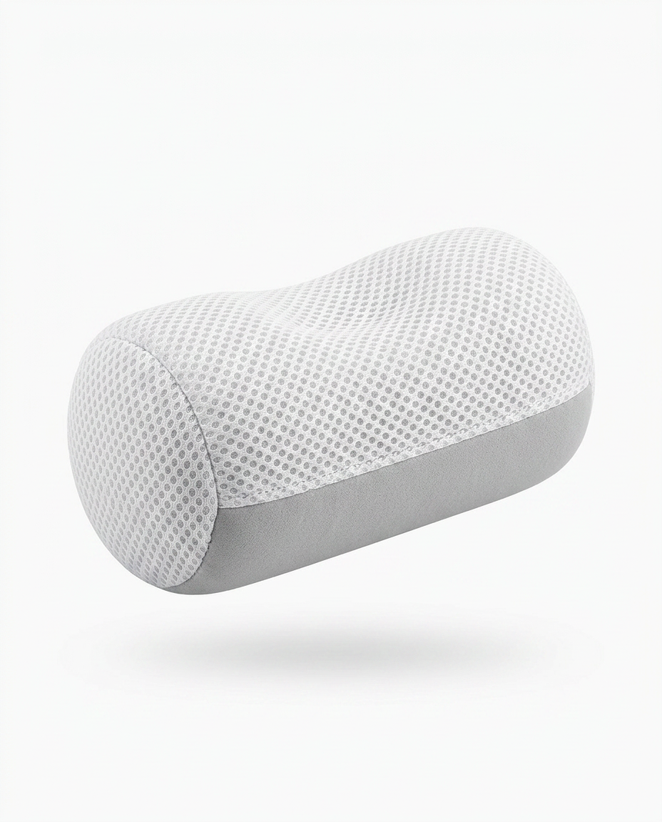 White cylindrical neck traction roll pillow in breathable mesh, studio shot