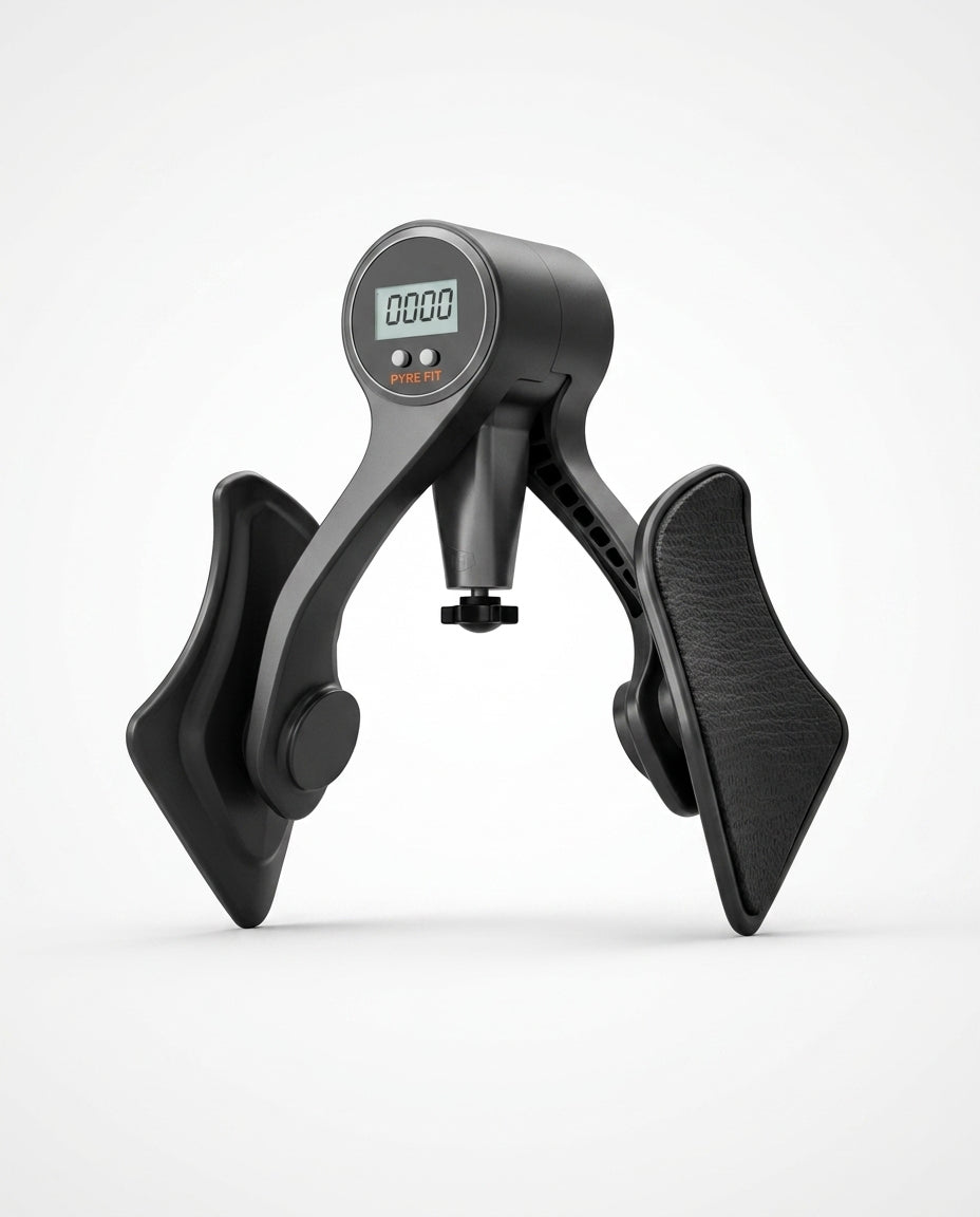 Black digital hip trainer with LCD counter and ergonomic thigh pads, studio shot