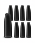 Set of eight black gel finger sleeves arranged on white background