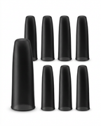 Set of eight black gel finger sleeves arranged on white background