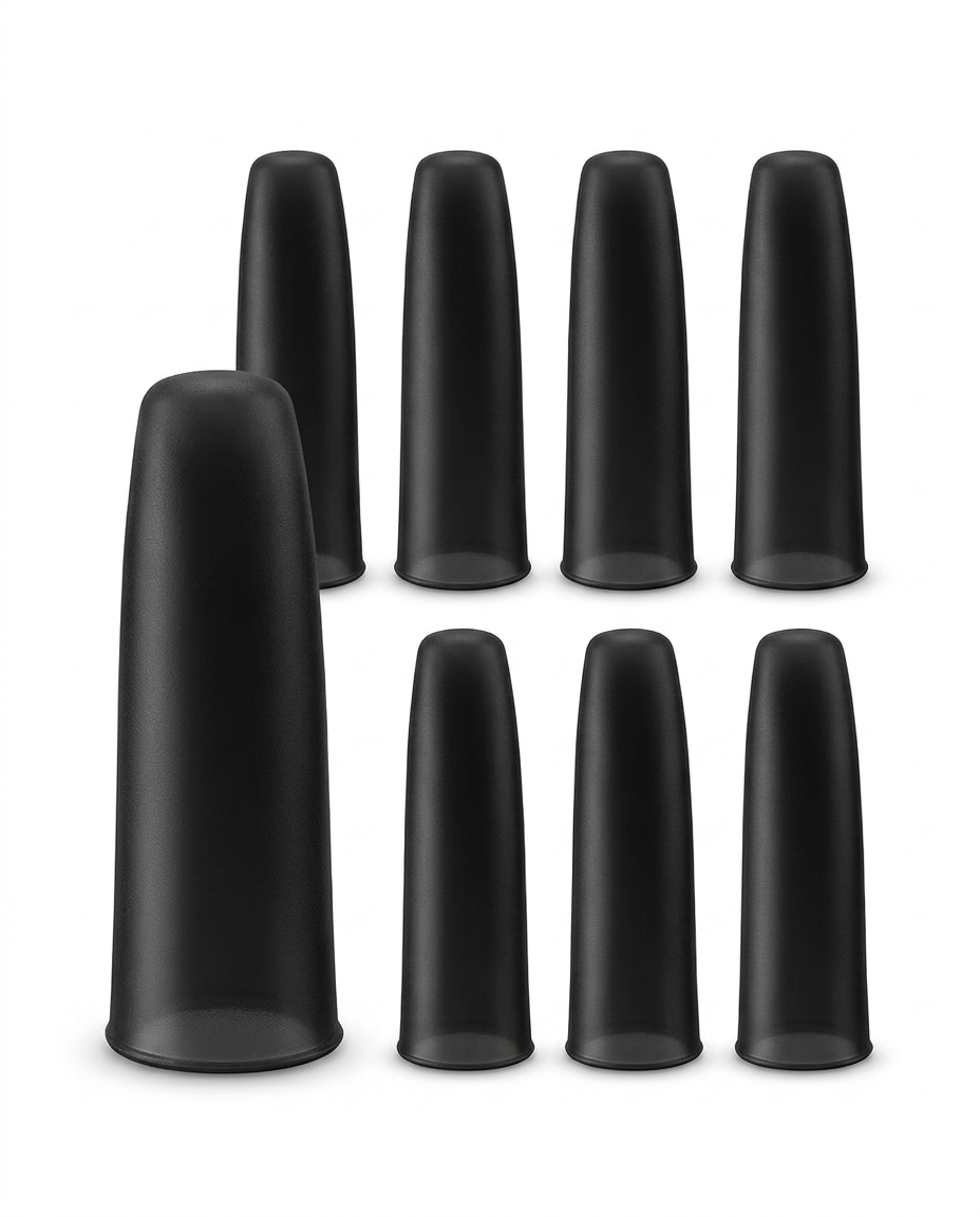 Set of eight black gel finger sleeves arranged on white background
