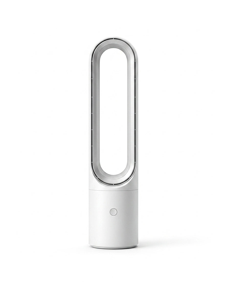 White bladeless cooling tower fan with oval loop, studio shot on white