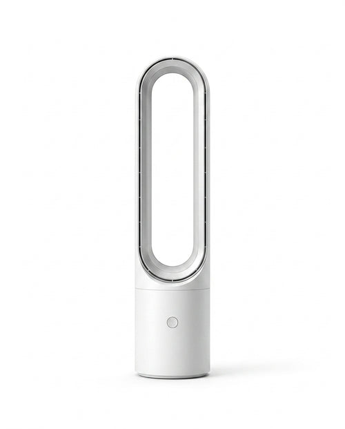 White bladeless cooling tower fan with oval loop, studio shot on white