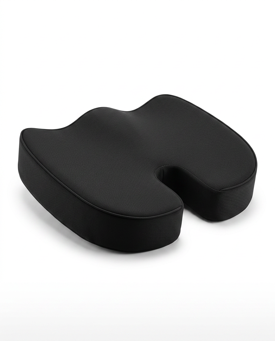 Black U-shaped memory foam seat cushion with coccyx cutout on white