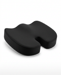 Black U-shaped memory foam seat cushion with coccyx cutout on white