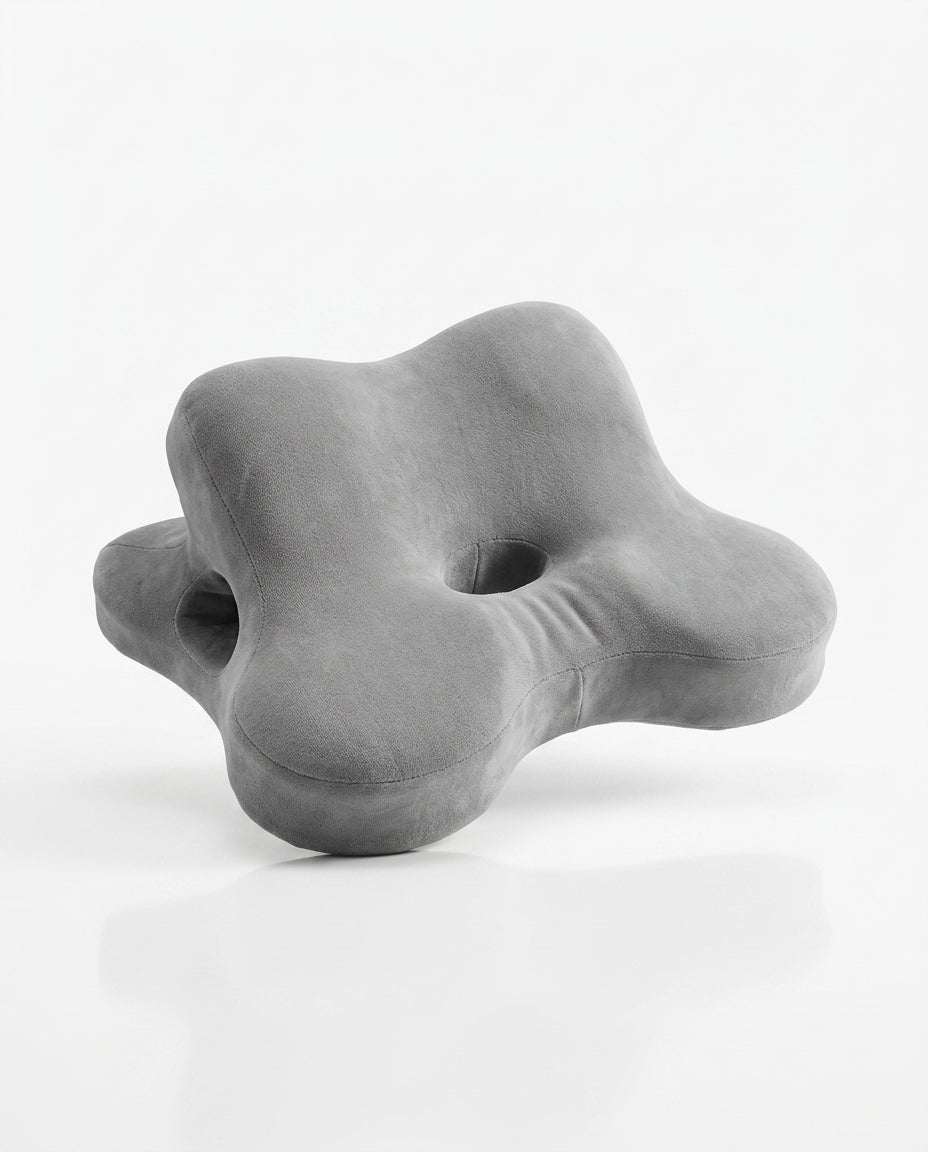 Grey flower-shaped contoured memory foam support pillow with center hole, studio shot on white