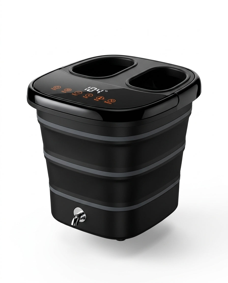 Black collapsible heated foot spa bath with digital display on white