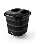 Black collapsible heated foot spa bath with digital display on white