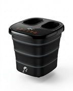 Black collapsible heated foot spa bath with digital display on white