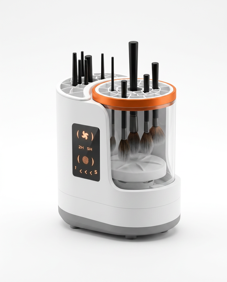 White automatic makeup brush cleaner machine with touch display and brushes, studio shot