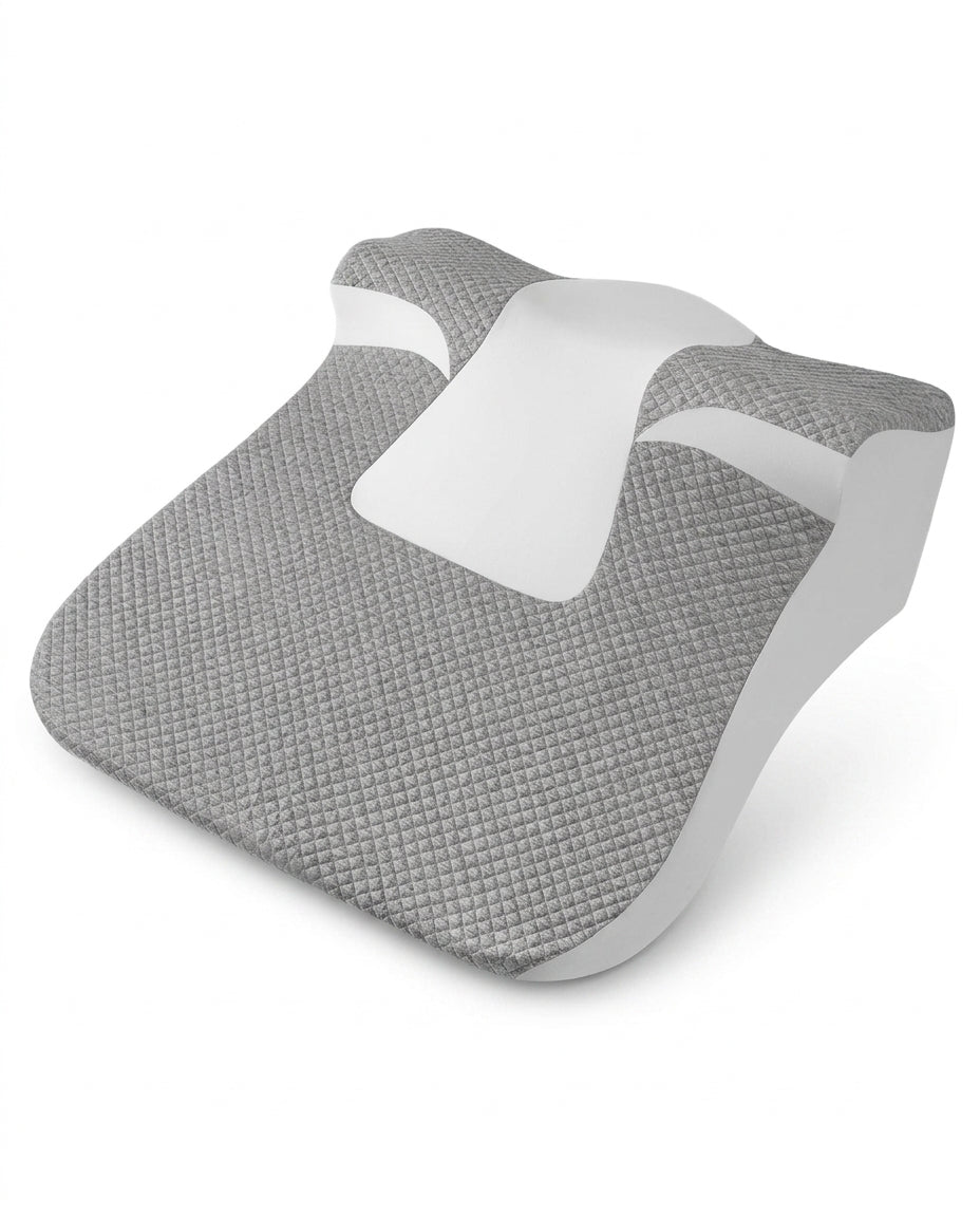 Gray quilted memory foam reading wedge pillow with contoured neck cradle