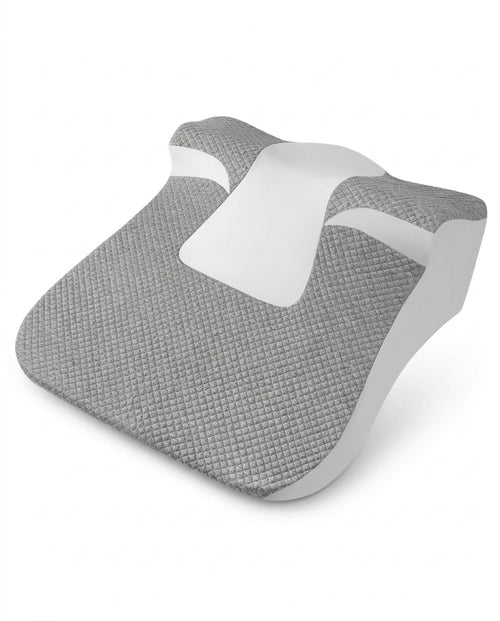 Gray quilted memory foam reading wedge pillow with contoured neck cradle