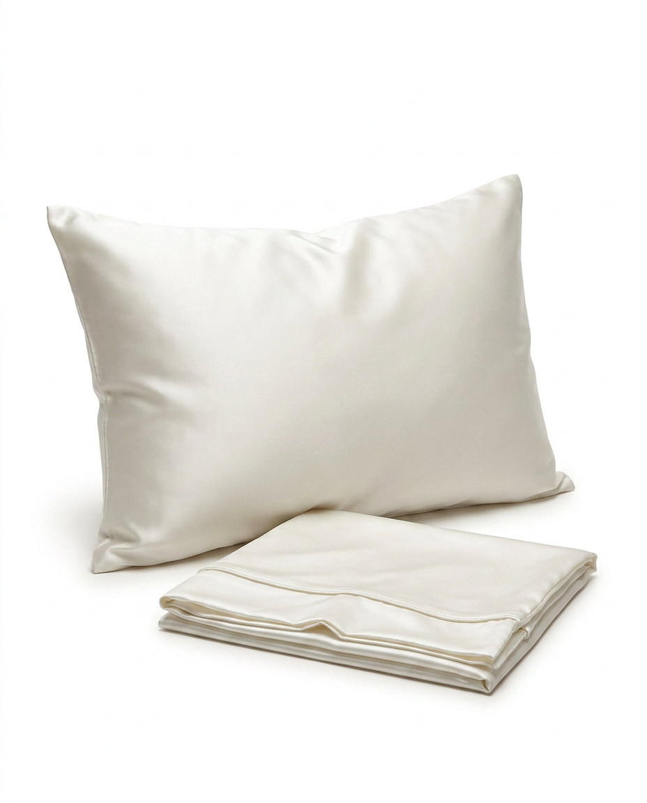 Ivory mulberry silk pillowcase on a pillow with a folded spare, studio shot