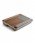 Walnut ComfortLift lap desk with grey cushion base and built-in mouse pad