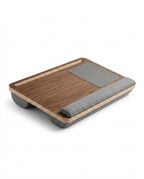Walnut ComfortLift lap desk with grey cushion base and built-in mouse pad