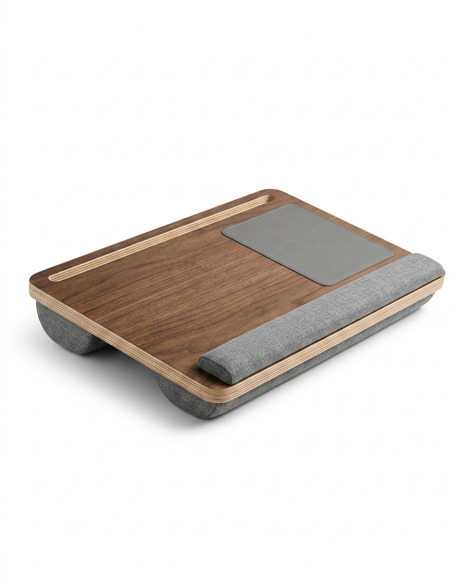 Walnut ComfortLift lap desk with grey cushion base and built-in mouse pad